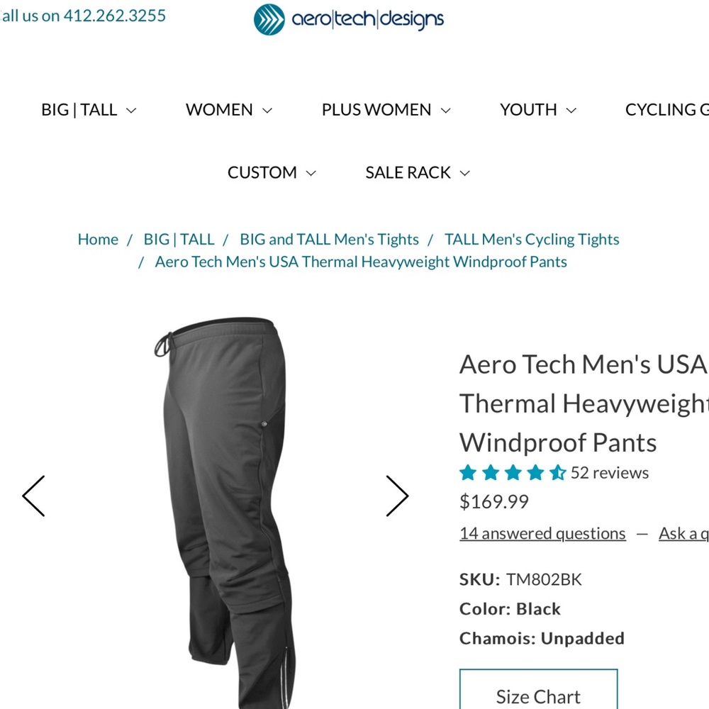 Aero tech designs men’s heavyweight black cycling full length pants size 6XL